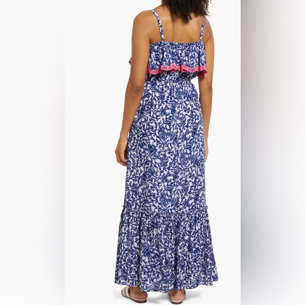 Lilly Pulitzer XL Blue Floral Maxi Dress with Pink Scallop Trim - Picture 6 of 7